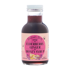 Front view of 11 oz Elderberry Ginger Honey Syrup made with organic elderberries, ginger and pure honey.